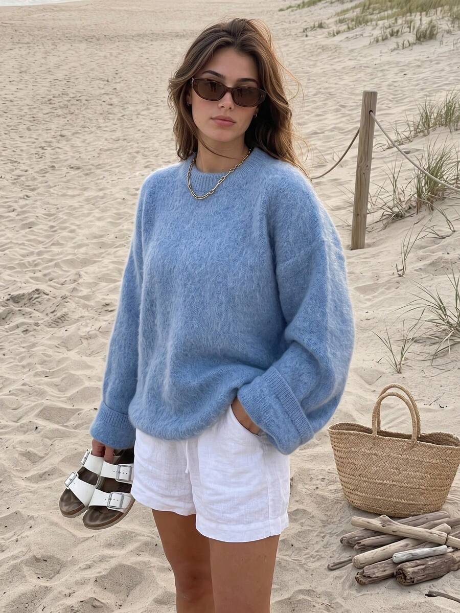 Senya Autumn/Winter New Crew Neck Long Sleeve Solid Color Minimalist Knit Sweater, Women's Casual Commute Pullover, Soft Comfortable Loose Fit Knitwear - Blue - View 1