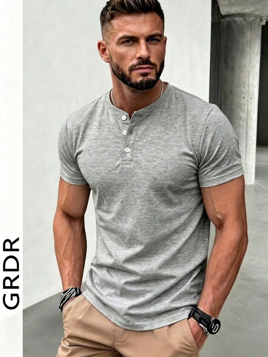 GRDR Men's Summer Fashion Classic Solid Color Henley Collar Short Sleeve T-Shirt - Light Grey - View 1