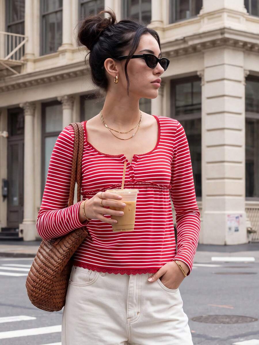 Women's Striped Babydoll Tops Long Sleeve Scoop Neck Fall Shirts - Burgundy - View 1
