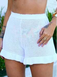 Short Saída de Praia feminino Shortinho Curto Tricot Crochê Cós alto Moda Praia Babado - Branco - Visão 5