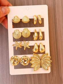 2-12pcs Ocean Shell & Starfish Marine Element Personalized Stud Earrings Set, Suitable For Beach Vacation, Travel, Summer Outfits - Gold - View 1