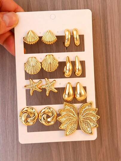 Juego de 2-12 piezas de pendientes de botón personalizados con elementos marinos de conchas de mar & estrellas de mar, adecuado para vacaciones en la playa, viajes, atuendos de verano