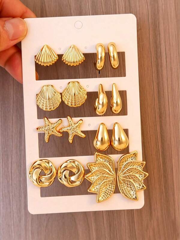 Juego de 2-12 piezas de pendientes de botón personalizados con elementos marinos de conchas de mar & estrellas de mar, adecuado para vacaciones en la playa, viajes, atuendos de verano