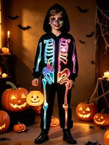 Girls Boys Scary Colorful Skeleton Skeleton Hooded Long Sleeve Costume Jumpsuit Halloween Cosplay Party Performance - Multicolor - View 1