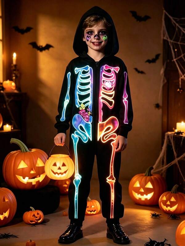 Girls Boys Scary Colorful Skeleton Skeleton Hooded Long Sleeve Costume Jumpsuit Halloween Cosplay Party Performance