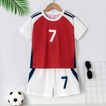 White & Red No.7 Summer Mesh Fabric Kids Soccer Jersey Set, 7 Number Print Short Sleeve & Shorts 2 Pieces Set For Teenagers - Red - View 1