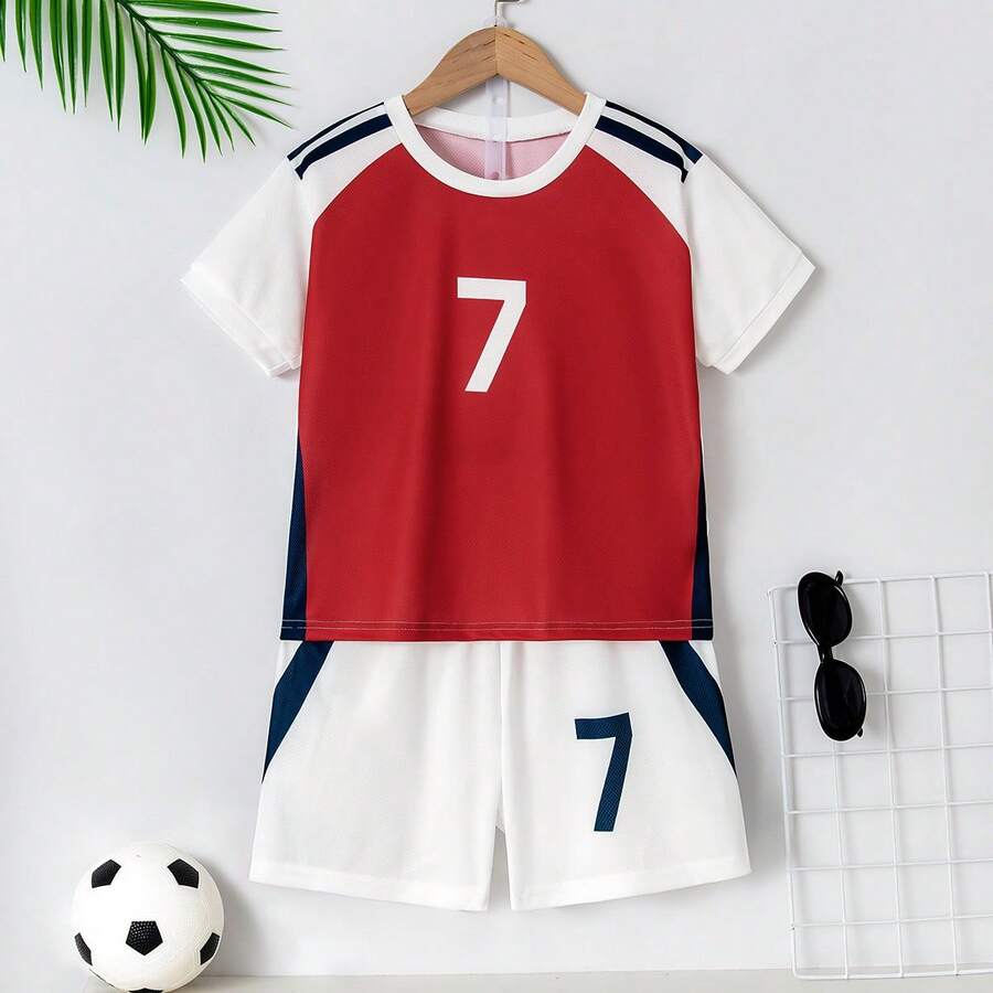 White & Red No.7 Summer Mesh Fabric Kids Soccer Jersey Set, 7 Number Print Short Sleeve & Shorts 2 Pieces Set For Teenagers - Red - View 1