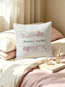 1pc Pink Floral Graphic Customized Pillowcase, Personalized Name & Date Handwritten Font Print Cushion Cover, Couple Keepsake Love Gift Pillowcase, Home Decor Bed Headboard Sofa Square Pillowcase, Pillow Insert Not Included - Multicolor - View 6