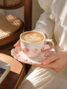 Embossed Underglaze Painted Strawberry Ceramic Cup And Saucer Set, Coffee Cup, Milk Cup, Breakfast Cup, Afternoon Tea Cup, Suitable For Home And Office, Perfect Holiday Birthday Housewarming Gift - Multicolor - View 5