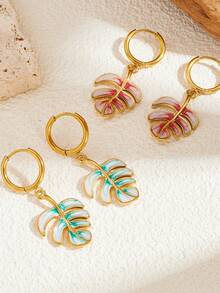 1 Pair Gold Tone Huggie Hoop Earring Color Swirl Enamel Monstera Leaf Charm Dangle Earrings Summer Boho Aesthetic Accessories - Leaves - View 4