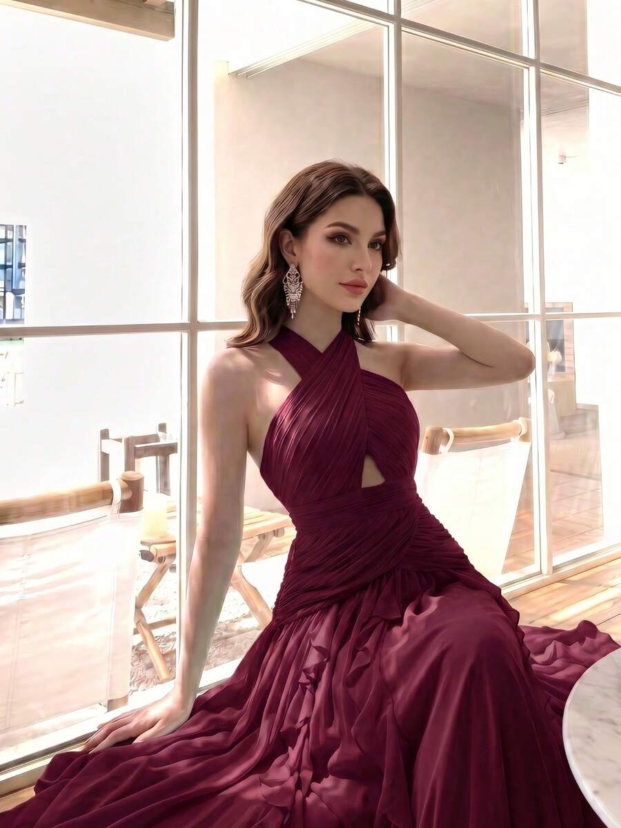 Vestido elegante y sexy para mujer con diseño de patchwork de volantes multicapa, corte acampanado y efecto adelgazante, de lujo, color liso, para fiesta, boda y otoño - Burdeos - Ver 1