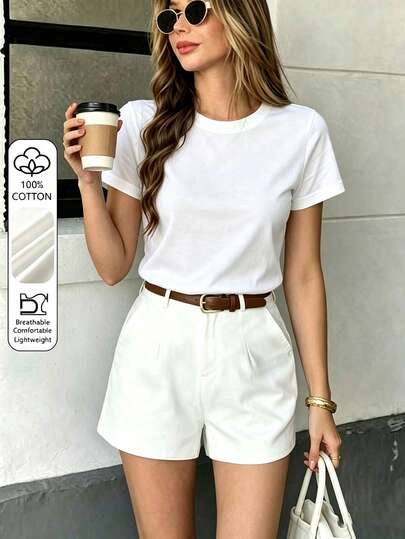 Camiseta de mujer elegante y de moda de unicolor - Casual blanca de verano