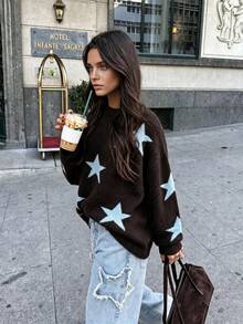 Joy Knit Women's Sweater, New Design For Autumn/Winter - All-Match Tops - Minimalist Casual Versatile - Five-Pointed Star Jacquard Loose Knit Fall - Brown - View 2