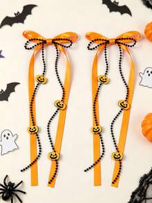 2pcs Halloween Ghost Pumpkin Bow Hair Clips, Ribbon Long Tail Ghost Pumpkin Pendant Hair Clips, Fun Halloween Party Gift Hair Accessories - Orange - View 2