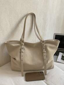 Large Capacity Tote Bag, Retro Style Faux Leather Handbag With Front Pocket For Work & Travel - Beige - View 5