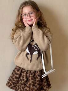 Sweater Lengan Panjang Motif Rusa Jacquard Kerah Bulat untuk Anak Perempuan Remaja - MultiWarna - View 2