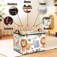 1pc Cute Jungle Wild Animal Print Fabric Storage Box, Foldable Zipper Storage Bin With Dual Handles, Suitable For Wardrobe And Bedroom Shelf Home Storage Container - Multicolor - View 5