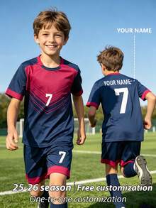 [Customized]Personalized Name Customization Celebrity Style No. 7 Number 2pcs Boys Girls Casual Soccer Uniform Set # -Round Neck-Short Sleeve And Shorts Set- Polyester, Back To School Season Suitable For -Sports -Training And Casual Wear, Outdoor Perfect Choice - Navy Blue - View 5