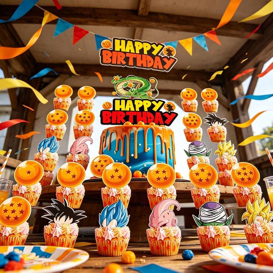 Cake Decoration Set, Shenron Big Cake Topper And Cupcake Picks, Perfect For Birthday Party Dessert Decor - Multicolor - View 1