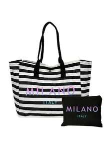 「Milan, Italy」漸層字母印花條紋托特包套組，附配套拉鍊化妝收納包，時尚都市街頭風單肩包，復古條紋手提包，大容量日常通勤學習旅行肩背包，便攜可重複使用購物袋，個性化禮品包，適合旅行、海灘度假、辦公工作與日常通勤，送給女性、家人、老師、朋友、閨蜜與學生的完美禮物，開學季、情人節、教師節、萬聖節、復活節、聖誕節禮物 - 彩色 - 查看 15