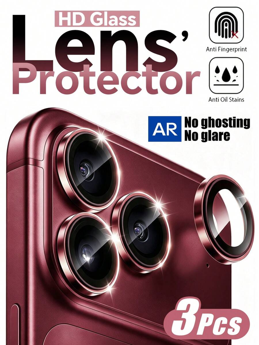 3pcs [2026 New] 9H Tempered Glass Camera Lens Protector, Compatible With IPhone 18 Pro Max/18 Pro, Alloy Metal Frame, High Definition Transparent, Anti-Slip, Waterproof, Shockproof, Anti-Scratch, Anti-Fingerprint, Bubble-Free Easy Installation, Compatible With Phone Cases, Perfect Birthday Gift For Family And Friends (Wine Red) - Burgundy - View 1