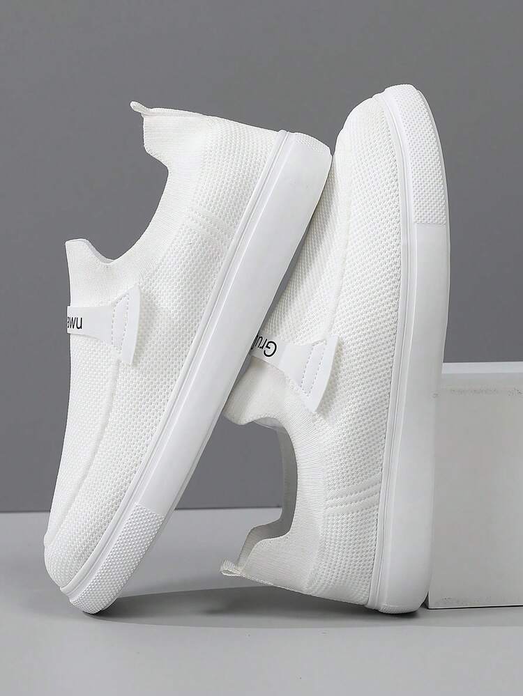 Unisex Slip-On Knit Athletic Shoes, Letter Print Lace-Up Casual Flat Walking Shoes - White - View 3