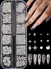 12-Grid Mixed 3D Metal Caviar Beads Nail Art Decoration Set (Stars & Metal Rivets), Cool Punk Y2K Style Rhinestone Nail Art Decor, Suitable For DIY Nail Art & Handmade Decoration - Gold - View 8