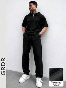 GRDR 男士紋理休閒日常極簡純色抽繩短袖上衣與長褲兩件套 - 黑色 - 查看 3
