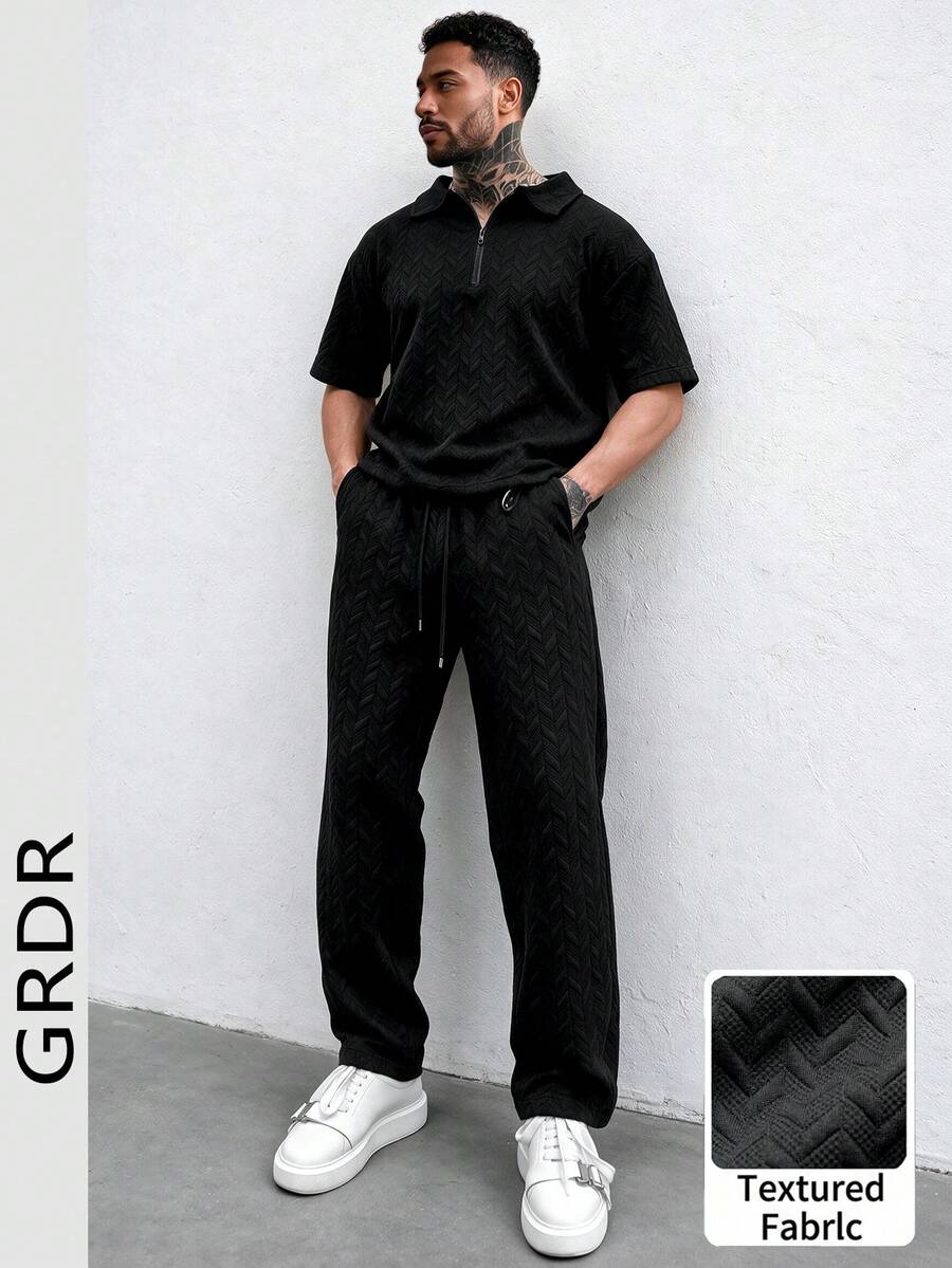 GRDR Textured Men's Casual Everyday Minimalist Solid Color Drawstring Short Sleeve & Long Pants 2-Piece Set - Black - View 1