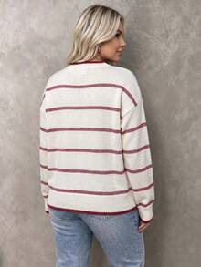 Chic Plus Size Women's Cream & Red Striped Knitted Sweater, Comfortable Round Neck Long Sleeve Loose Fit Drop Shoulder Top For Everyday Wear - White - View 7