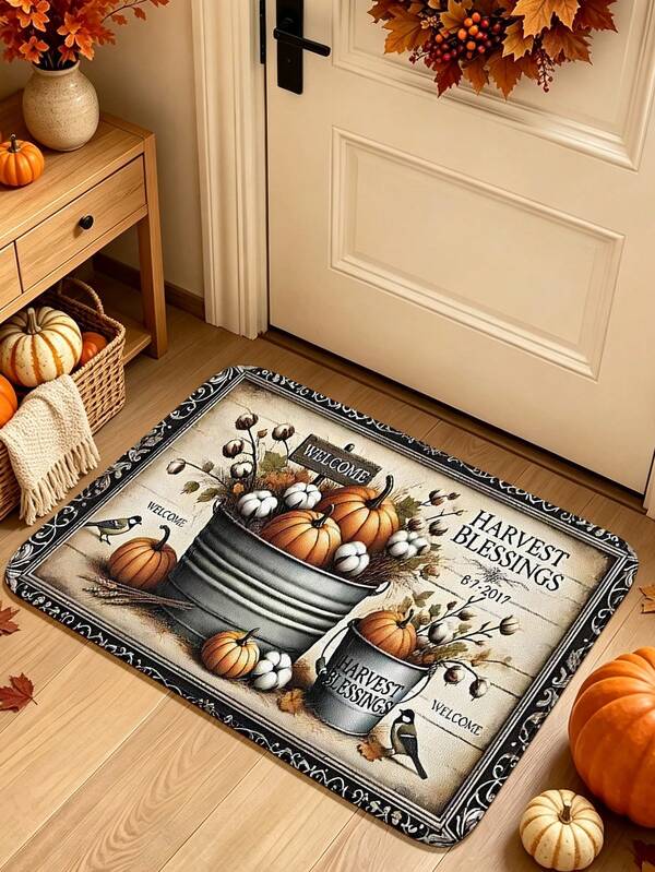 1pc Vintage Autumn Harvest Pumpkin Pattern Welcome Doormat, Soft Skin-Friendly Thickened Absorbent Carpet, Suitable For Entryway, Living Room, Bedroom, Dining Room, Hallway, Laundry Room, Kitchen Carpet, Home Decor, Room Decor, Small Rug, Living Room Rug, Bedside Rug And Other Indoor Spaces, Can Be Used As Entrance Mat, Autumn Thanksgiving Home Decor Foot Mat