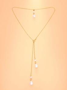 1pc Water Drop Pearl Y-Shaped Back Chain Wedding Dress Accessory, Backless Wedding Pearl Necklace - Gold - View 5