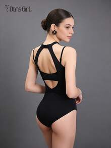 DonsGirl 1pc Halter Ballet Leotard, Illusion Two Pieces Design, Y-Back Hollow Out Backless Jumpsuit, Suitable For Dance Performance And Gymnastics Training - Black - View 3