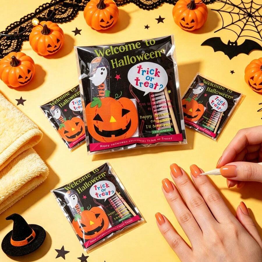 5pcs Halloween Nail Art Tool Set, Includes Nail File, Cuticle Pusher, Cleaning Brush, Nail Cotton Pads, Portable Nail Art Accessories Set, Pumpkin Ghost Print Packaging Bag, Suitable For Nail Stickers - Multicolor - View 1