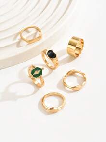 6pcs Emerald Green Heart Geometric Metallic Stackable Rings For Women - Golden C - View 5