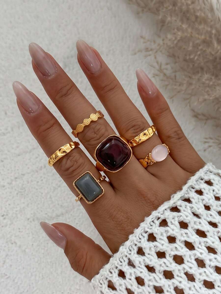 6pcs Vintage French Minimalist Rings Set With Faux Stone, Unique Design Metal Rings, Retro Style, Suitable For Party, Gathering, Gift For Friends And Family, Daily Wear - Yellow Gold - View 1