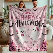 1pc Pink Happy Halloween Flannel Throw Blanket, Cute Bow Ghost Pumpkin Bat Spider Web Pattern, Soft Polyester Material, Suitable For Sofa, Bedroom And Holiday Home Decor Pastel Style Kawaii Halloween Blanket, Size 50*60in - Multicolor - View 6