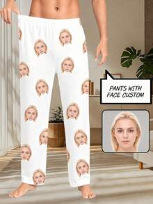 1pc Men's Customizable Single-Sided Graphic Print Black Soft Elastic Fabric Comfortable Casual Lounge Pants, Customized Photo Pajama Pants Gift For Boyfriend - White - View 4