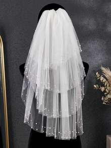 4-Layer Pearl Beaded Bridal Veil, Fluffy 3D Soft Tulle Wedding Veil With Hair Comb, Elegant Short Bridal Accessory - Multicolor - View 4