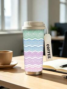 1pc/5pcs 500ml Rainbow Knit Texture Travel Mug, Double-Wall Stainless Steel Insulated Cup, Colorful Knit Striped Pattern Print Design, Portable Coffee Cup With Lanyard, Suitable For Daily Commute - White - Colorful Letters - View 7
