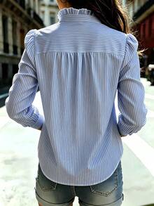 Women's Blue Striped Shirt With A Ruffled Collar, Long Regular Sleeves With Button Details, Standard Length, Perfect For Spring, Summer, And Fall, French Girl Style - Baby Blue - View 3