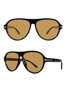 1pc European & American Style Oversized Frog-Shaped Glasses, Versatile Fashionable Eyewear For Women - Black Frame Tea Leaves - View 2