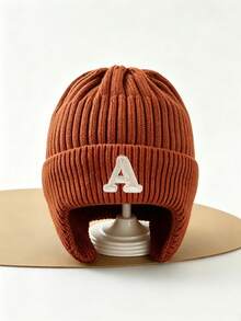 1pc Baby Winter Knit Hat, Toddler Thick Warm Letter Knit Beanie, Comfortable Soft Elastic Thick, Suitable For Winter Outings - Brown - View 5