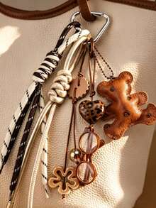 Vintage Leopard Bag Charm Keychain, Boho Braided Rope Bag Pendant With Heart, Eyeglasses & Flower Charms, Y2K Retro Bag Accessories Gift For Women - Multicolor - View 9