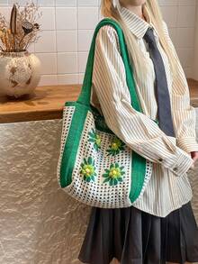 女款針織鏤空花卉圖案柔軟面料單肩手提包，休閒日常夏季海灘購物包 - 綠色 - 查看 3