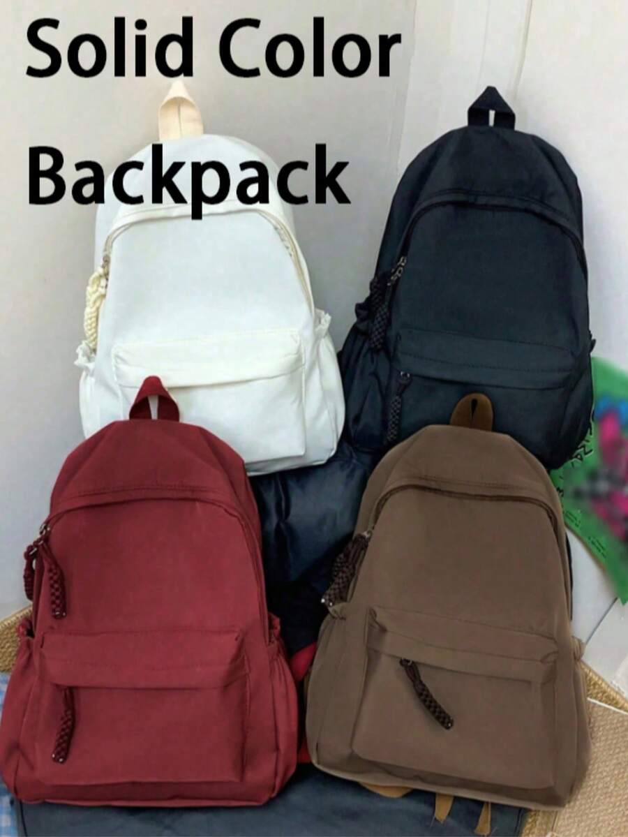 1pc Minimalist Solid Color Nylon Backpack, Woven Rope Zipper Design, Multi-Pocket Compartment Storage, Durable And Wear-Resistant Fabric, Large Capacity, Can Store Books, Stationery And Personal Items, Suitable For Daily School, Short Trips, Versatile And Timeless Style, Recommended Backpack For Back To School Season, Suitable As Christmas Gift, Halloween Gift, Thanksgiving Gift For Students And Teenagers - Multi-color - View 1