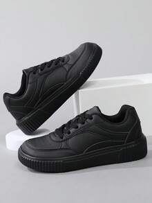 Sepatu Olahraga Kasual Unisex dengan Kotak Jari Kaki Lebar dan Blok Warna, Sepatu Skate Ringan Bertali untuk Berjalan Datar - Hitam - View 7
