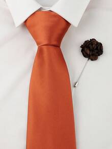 ZLQ&GOU 2 PC Brown Solid Color Men's Tie Set, Premium Satin Tie And Pocket Square 2 Pieces Set, Business Wedding Party Formal Wear - Rust Brown - View 1