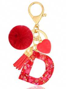 Cute Initial Red Heart Gold Foil Stone Tassel Pom Pom Keychain Resin Drip Glue Minimalist Personalized Key Chain For Women Bags Daily Wear And Gift - Red - View 10