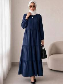 Women's Round Neck Half-Button Front Long Puff Sleeve Tiered Dress, Solid Navy Blue Loose Flowy Casual Dress, Autumn/Winter Daily Wear Fall - Navy Blue - View 4